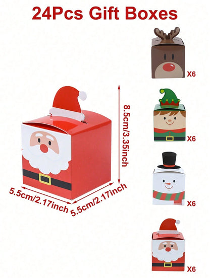 24pcs Christmas Gift Boxes, Santa Claus Reindeer Snowman Design Candy Boxes, Cookie Boxes, Christmas Party Gift Packaging Supplies, Christmas Stocking Fillers, Christmas Party Supplies, Christmas Home