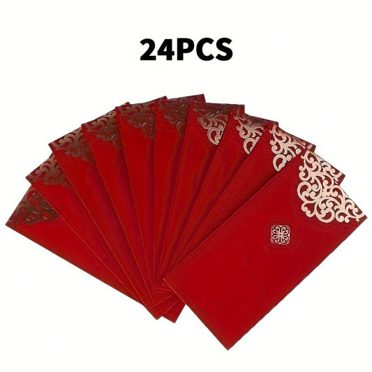 24pcs High Quality Gold Floral Pattern Red Envelopes| Suitable For Christmas, New Year And Other Special Occasions, Can Be Used For Cash And Auspicious Gift Packaging, Christmas Gift Bags, Embossed P