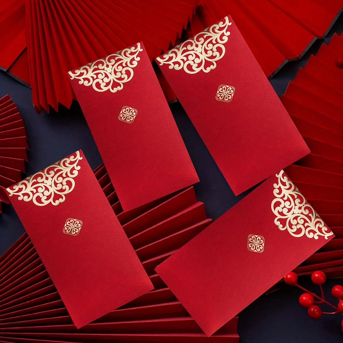 24pcs High Quality Gold Floral Pattern Red Envelopes| Suitable For Christmas, New Year And Other Special Occasions, Can Be Used For Cash And Auspicious Gift Packaging, Christmas Gift Bags, Embossed P