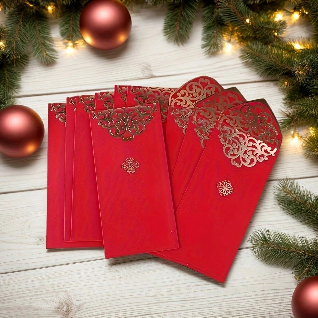 24pcs High Quality Gold Floral Pattern Red Envelopes| Suitable For Christmas, New Year And Other Special Occasions, Can Be Used For Cash And Auspicious Gift Packaging, Christmas Gift Bags, Embossed P