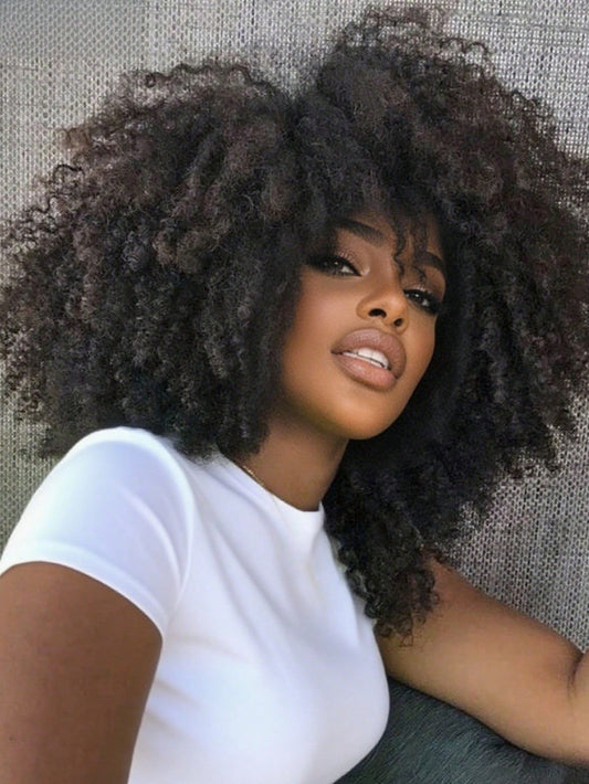 250 Density Afro Kinky Curly Wig Human Hair With Bangs Natural Color None Lace Front Wig Brazilian Virgin Short Black Curly Human Hair Wig Glueless Wigs For Women For Daily Use 14inch