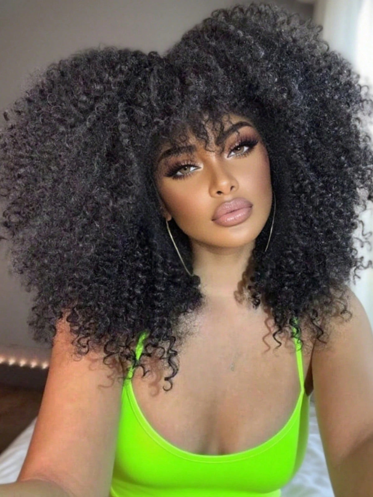 250 Density Afro Kinky Curly Wig Human Hair With Bangs Natural Color None Lace Front Wig Brazilian Virgin Short Black Curly Human Hair Wig Glueless Wigs For Women For Daily Use 14inch