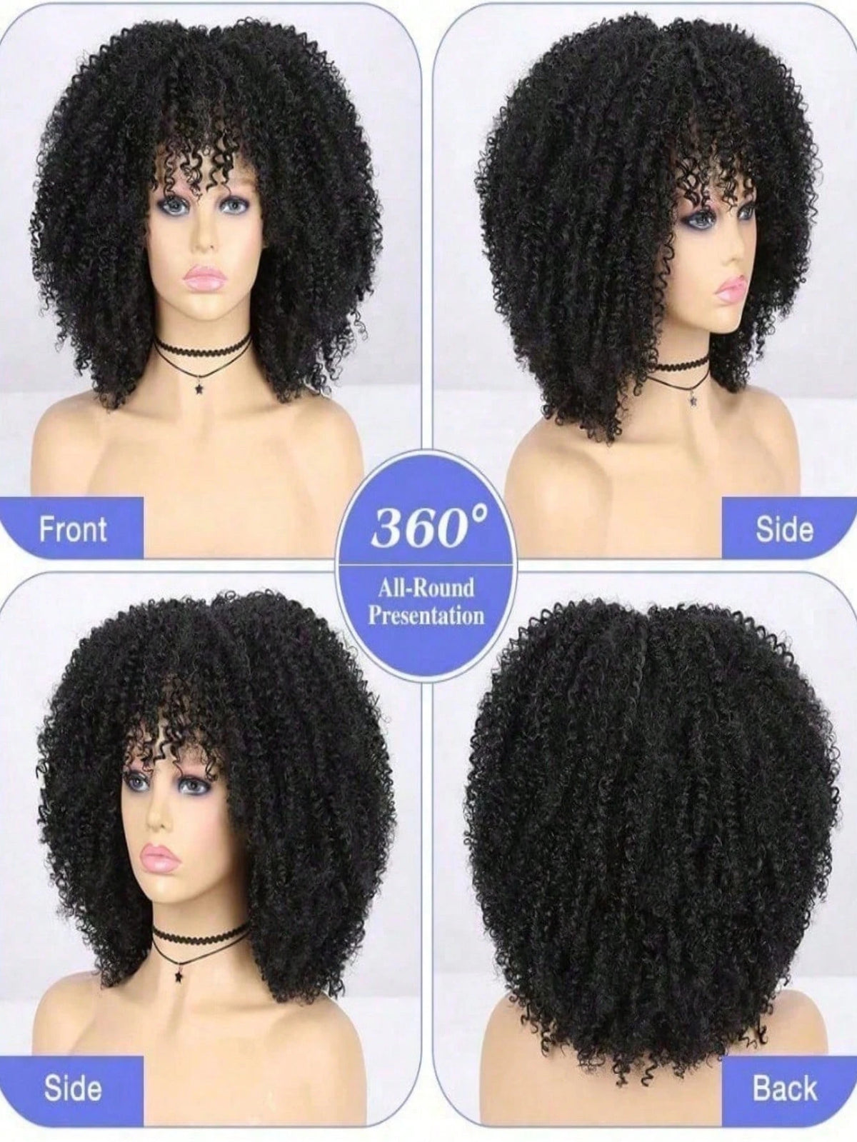 250 Density Afro Kinky Curly Wig Human Hair With Bangs Natural Color None Lace Front Wig Brazilian Virgin Short Black Curly Human Hair Wig Glueless Wigs For Women For Daily Use 14inch