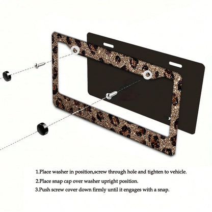 [2D Flag] 1 Piece 12.2inch X 6.3inch ( 16cm X 31cm ), Exquisite Flat Frame Design, Shiny Leopard Print Decorative License Plate Frame, Stunning Appearance, A Great Choice For Holiday Gifts.01360, Weat
