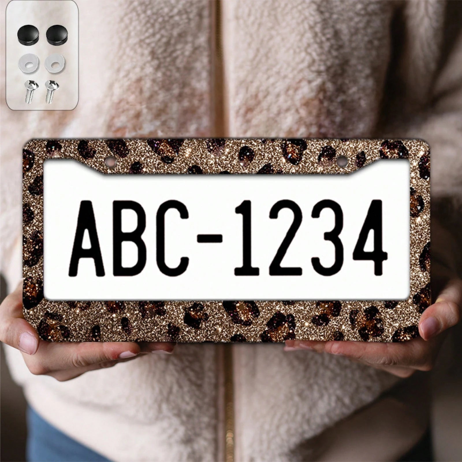 [2D Flag] 1 Piece 12.2inch X 6.3inch ( 16cm X 31cm ), Exquisite Flat Frame Design, Shiny Leopard Print Decorative License Plate Frame, Stunning Appearance, A Great Choice For Holiday Gifts.01360, Weat