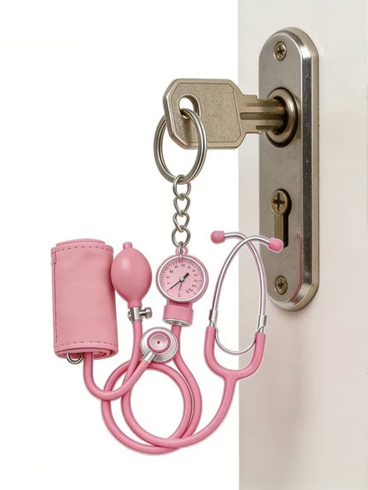 2D Flat Acrylic Keychain, Pink Stethoscope + Blood Pressure Monitor Set, 1pc, Medical Style Healing Pendant, Ideal Gift For Nurses, Doctors And Medical Enthusiasts, Lightweight And Soft
