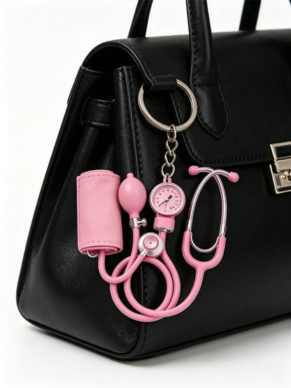 2D Flat Acrylic Keychain, Pink Stethoscope + Blood Pressure Monitor Set, 1pc, Medical Style Healing Pendant, Ideal Gift For Nurses, Doctors And Medical Enthusiasts, Lightweight And Soft