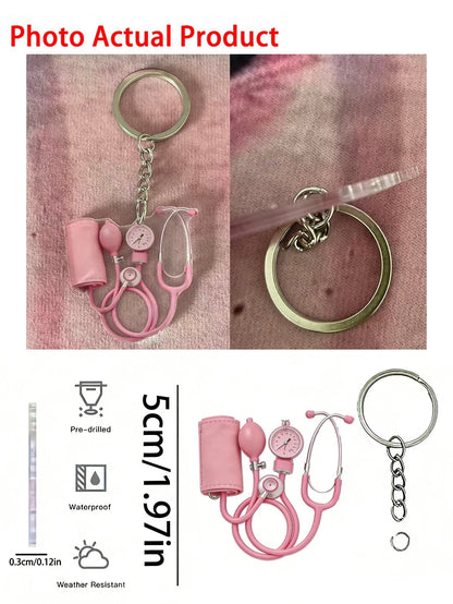 2D Flat Acrylic Keychain, Pink Stethoscope + Blood Pressure Monitor Set, 1pc, Medical Style Healing Pendant, Ideal Gift For Nurses, Doctors And Medical Enthusiasts, Lightweight And Soft