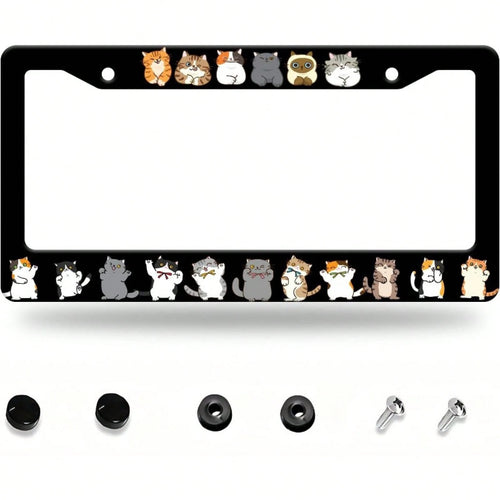 2D Flat, Aluminum Cute Cartoon Cat License Plate Frame, 12* 6inch Metal Car Decorative Frame, Suitable For Sedans/ SUVs/ Pickups/ Multi-Purpose Vehicles/ Light Passenger/ RVs, Multiple Cute Cat