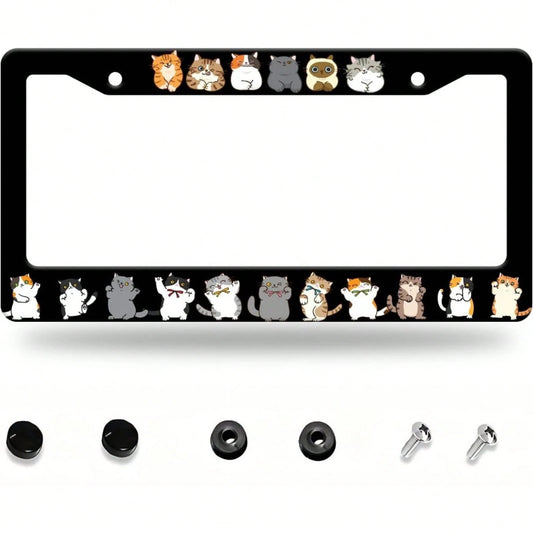 2D Flat, Aluminum Cute Cartoon Cat License Plate Frame, 12* 6inch Metal Car Decorative Frame, Suitable For Sedans/ SUVs/ Pickups/ Multi-Purpose Vehicles/ Light Passenger/ RVs, Multiple Cute Cat
