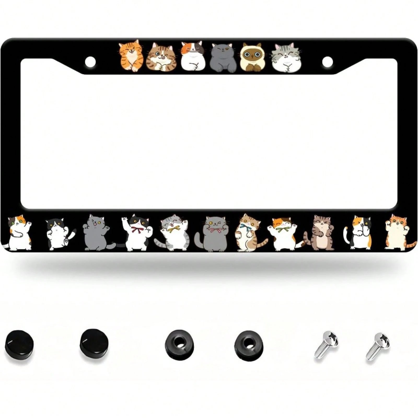 2D Flat, Aluminum Cute Cartoon Cat License Plate Frame, 12* 6inch Metal Car Decorative Frame, Suitable For Sedans/ SUVs/ Pickups/ Multi-Purpose Vehicles/ Light Passenger/ RVs, Multiple Cute Cat
