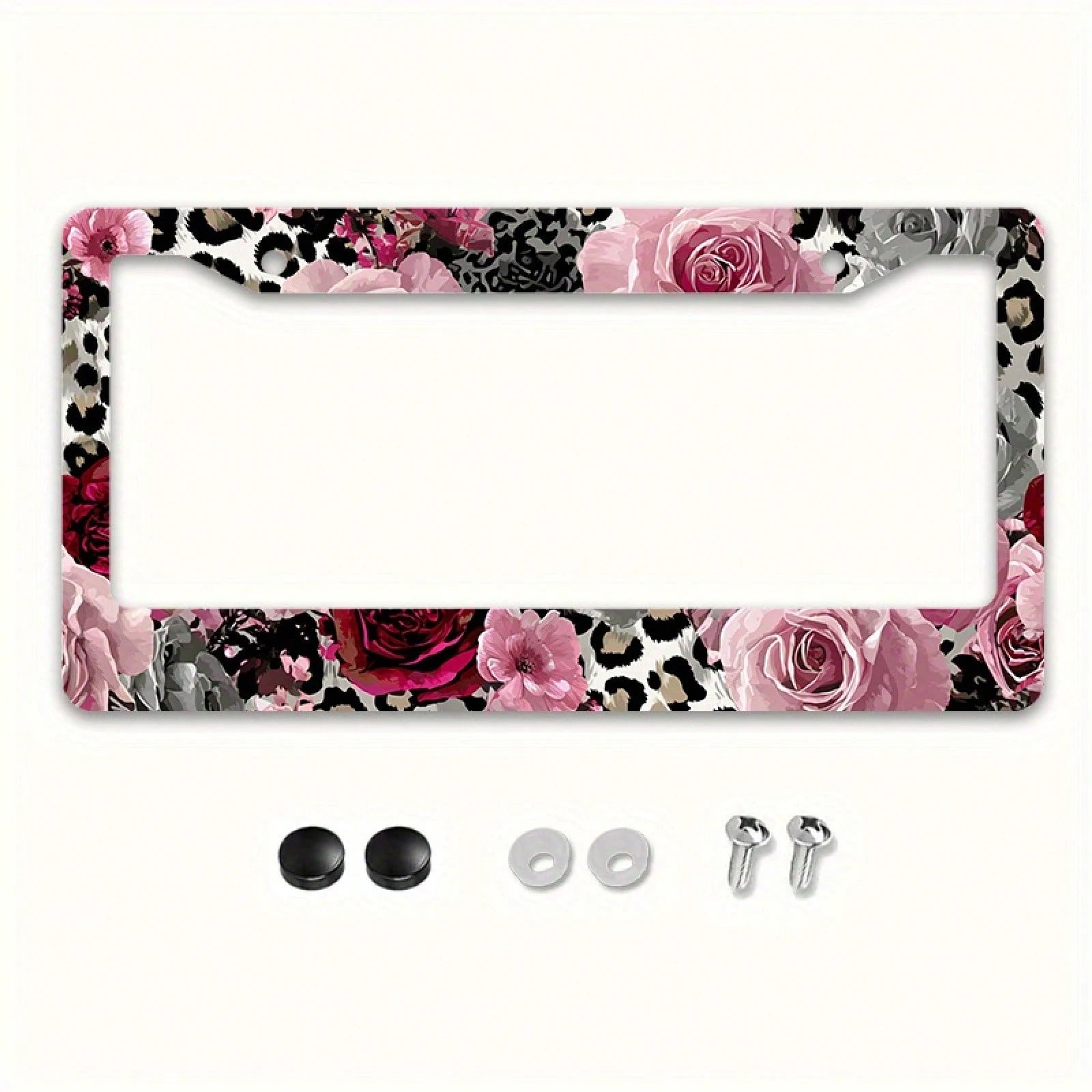 2D Flat Design, 1pc Metal License Plate Frame, Suitable For US And Most International Vehicles, Includes Mounting Screws, Car Decoration Accessory, Rose And Leopard Pattern, Suitable For Valentine's D