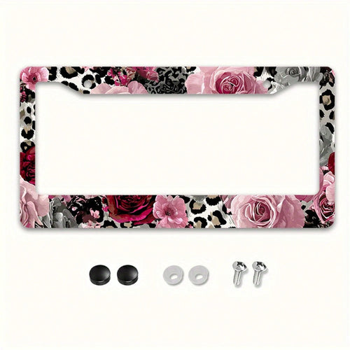 2D Flat Design, 1pc Metal License Plate Frame, Suitable For US And Most International Vehicles, Includes Mounting Screws, Car Decoration Accessory, Rose And Leopard Pattern, Suitable For Valentine's D