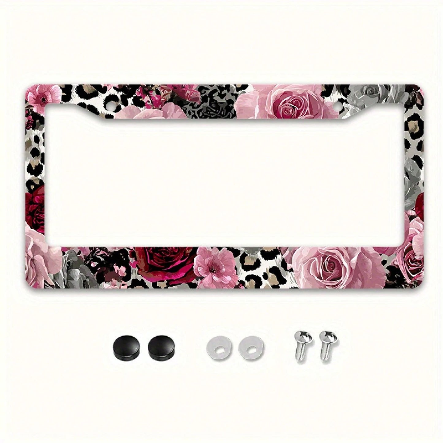 2D Flat Design, 1pc Metal License Plate Frame, Suitable For US And Most International Vehicles, Includes Mounting Screws, Car Decoration Accessory, Rose And Leopard Pattern, Suitable For Valentine's D