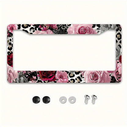 2D Flat Design, 1pc Metal License Plate Frame, Suitable For US And Most International Vehicles, Includes Mounting Screws, Car Decoration Accessory, Rose And Leopard Pattern, Suitable For Valentine's D
