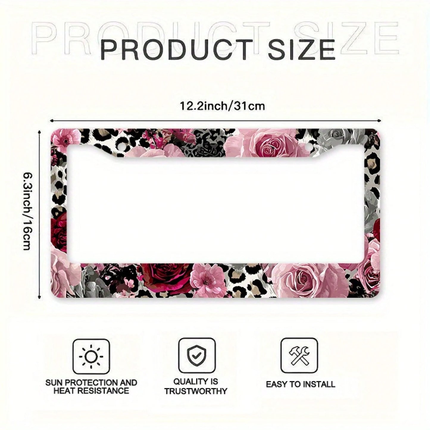 2D Flat Design, 1pc Metal License Plate Frame, Suitable For US And Most International Vehicles, Includes Mounting Screws, Car Decoration Accessory, Rose And Leopard Pattern, Suitable For Valentine's D