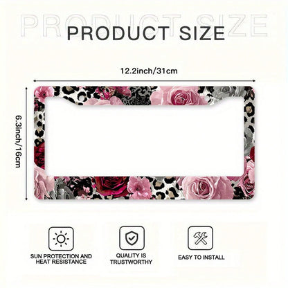 2D Flat Design, 1pc Metal License Plate Frame, Suitable For US And Most International Vehicles, Includes Mounting Screws, Car Decoration Accessory, Rose And Leopard Pattern, Suitable For Valentine's D