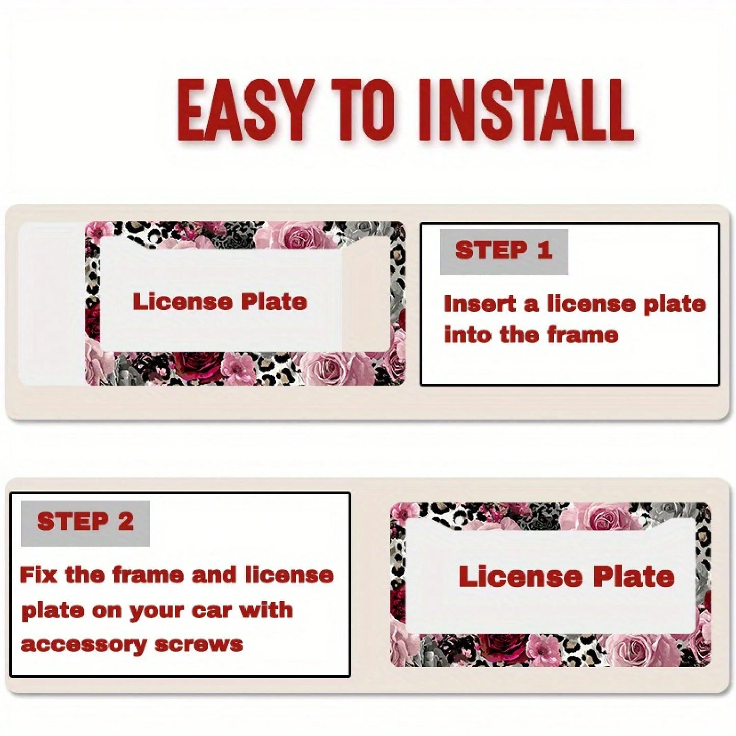 2D Flat Design, 1pc Metal License Plate Frame, Suitable For US And Most International Vehicles, Includes Mounting Screws, Car Decoration Accessory, Rose And Leopard Pattern, Suitable For Valentine's D