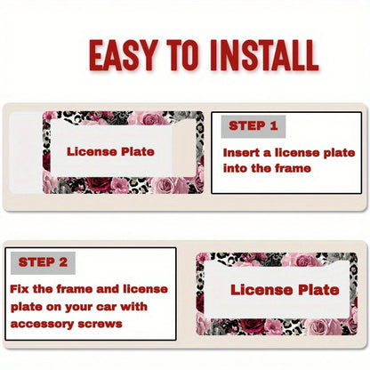 2D Flat Design, 1pc Metal License Plate Frame, Suitable For US And Most International Vehicles, Includes Mounting Screws, Car Decoration Accessory, Rose And Leopard Pattern, Suitable For Valentine's D