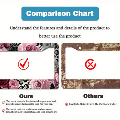 2D Flat Design, 1pc Metal License Plate Frame, Suitable For US And Most International Vehicles, Includes Mounting Screws, Car Decoration Accessory, Rose And Leopard Pattern, Suitable For Valentine's D