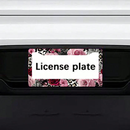 2D Flat Design, 1pc Metal License Plate Frame, Suitable For US And Most International Vehicles, Includes Mounting Screws, Car Decoration Accessory, Rose And Leopard Pattern, Suitable For Valentine's D