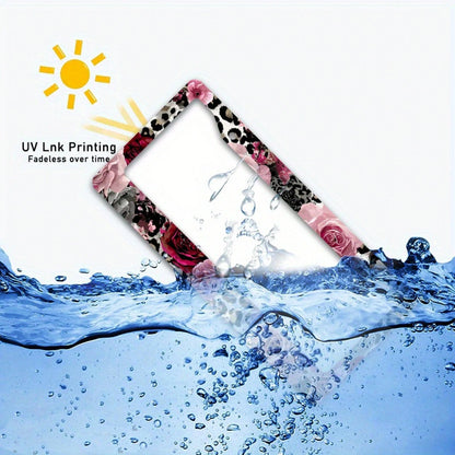 2D Flat Design, 1pc Metal License Plate Frame, Suitable For US And Most International Vehicles, Includes Mounting Screws, Car Decoration Accessory, Rose And Leopard Pattern, Suitable For Valentine's D