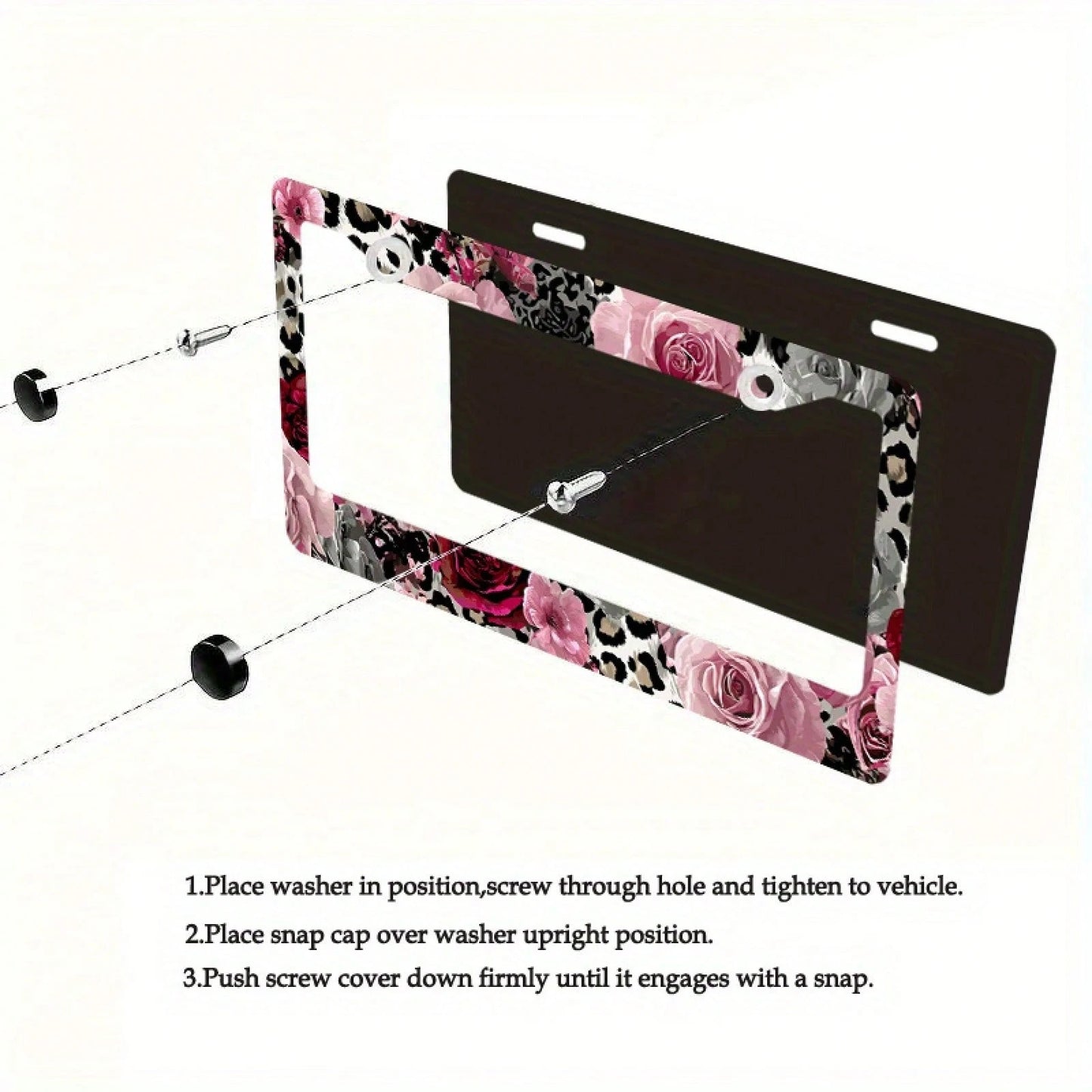2D Flat Design, 1pc Metal License Plate Frame, Suitable For US And Most International Vehicles, Includes Mounting Screws, Car Decoration Accessory, Rose And Leopard Pattern, Suitable For Valentine's D