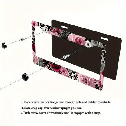 2D Flat Design, 1pc Metal License Plate Frame, Suitable For US And Most International Vehicles, Includes Mounting Screws, Car Decoration Accessory, Rose And Leopard Pattern, Suitable For Valentine's D