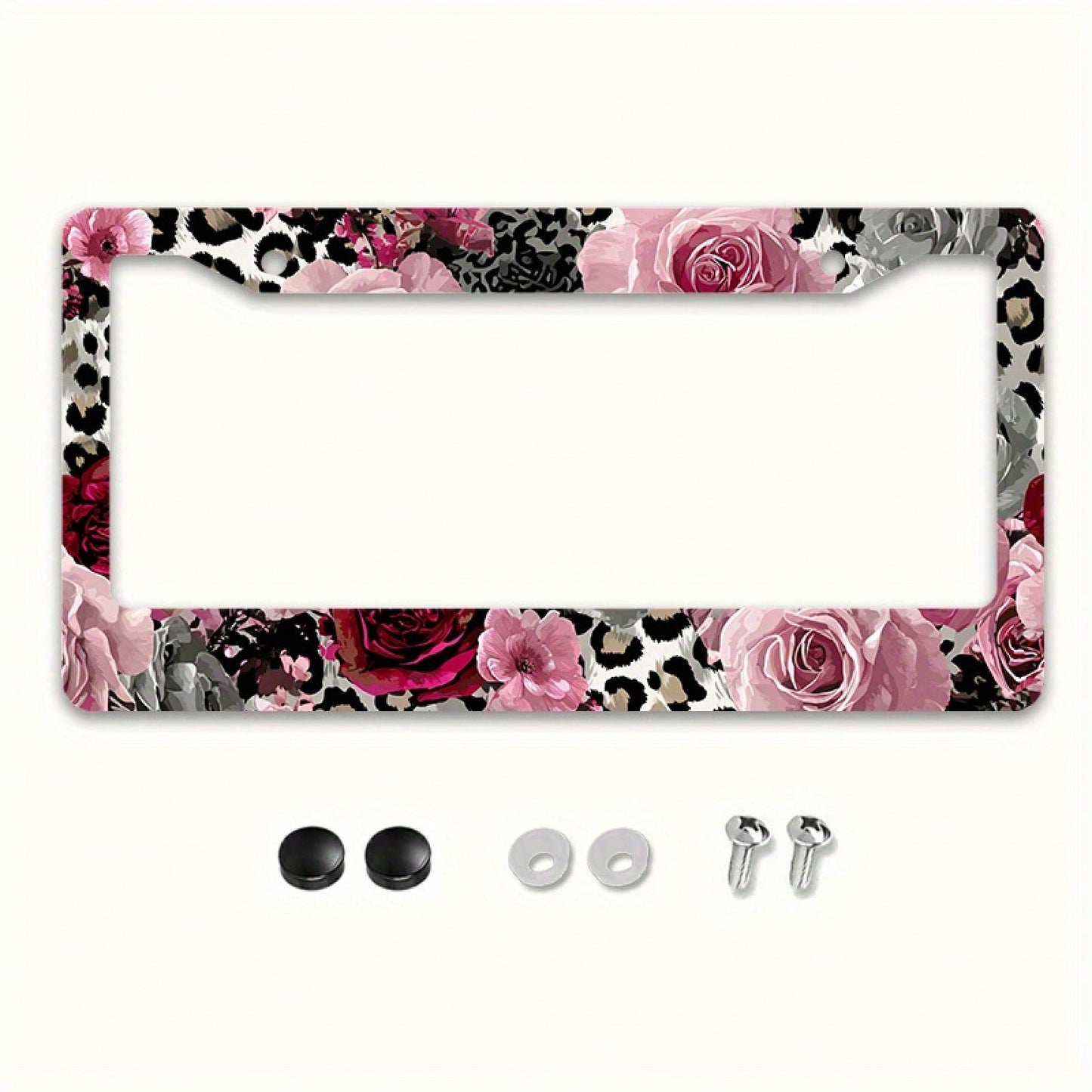 2D Flat Design, 1pc Metal License Plate Frame, Suitable For US And Most International Vehicles, Includes Mounting Screws, Car Decoration Accessory, Rose And Leopard Pattern, Suitable For Valentine's D