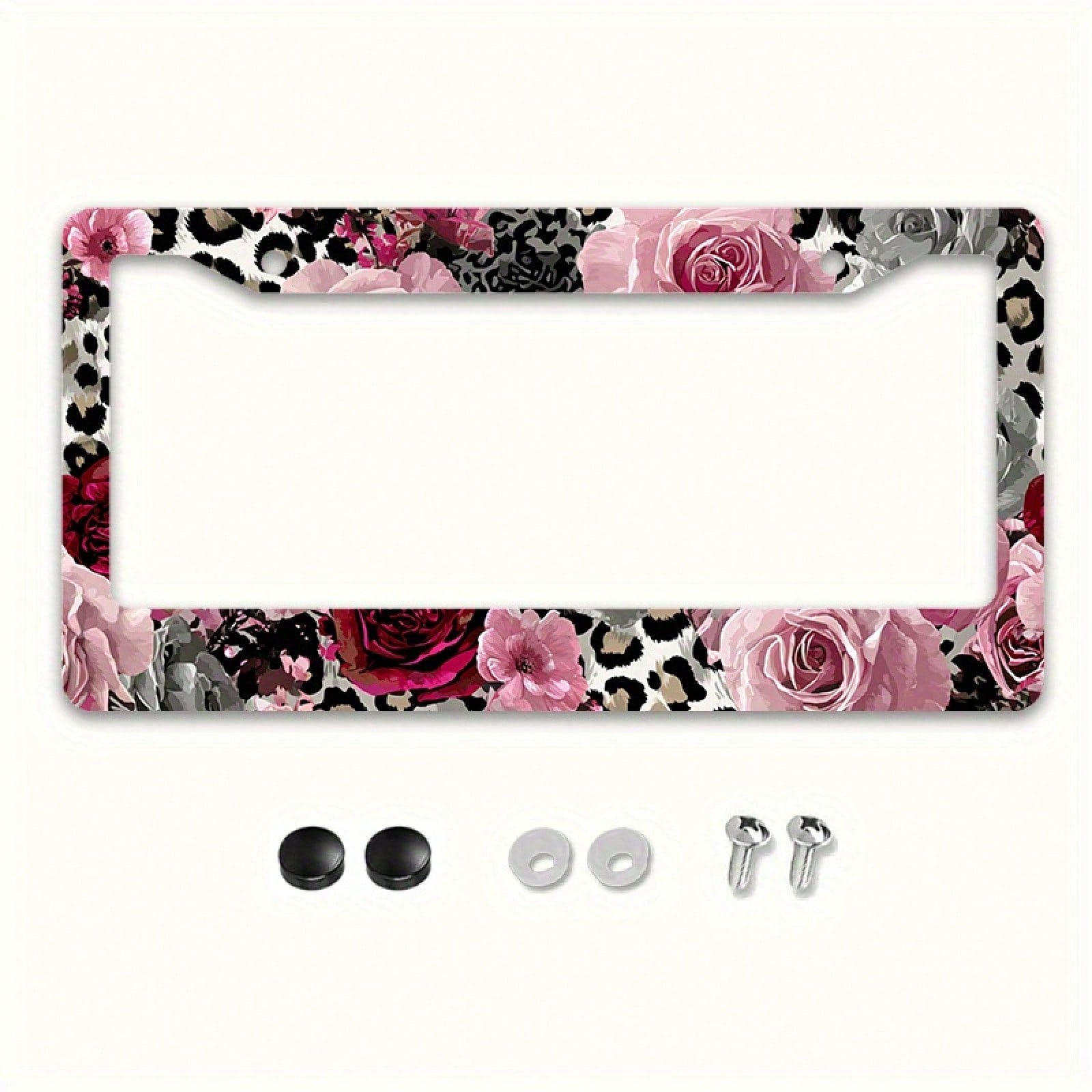 2D Flat Design, 1pc Metal License Plate Frame, Suitable For US And Most International Vehicles, Includes Mounting Screws, Car Decoration Accessory, Rose And Leopard Pattern, Suitable For Valentine's D