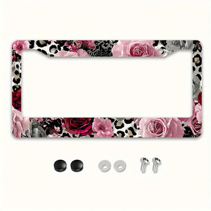 2D Flat Design, 1pc Metal License Plate Frame, Suitable For US And Most International Vehicles, Includes Mounting Screws, Car Decoration Accessory, Rose And Leopard Pattern, Suitable For Valentine's D