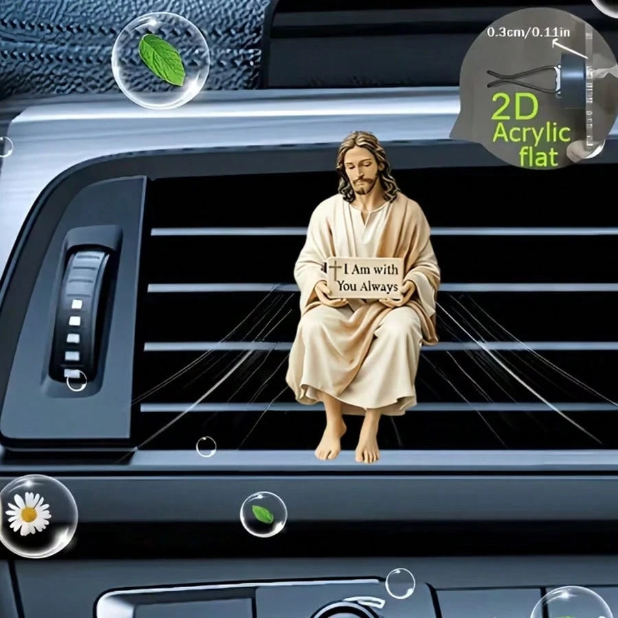 2D Flat Jesus Air Vent Clip Decor, "Fragrance-Free Source", With Double-Layer Odorless Sponge Pad, Acrylic Car Fragrance Diffuser, Can Add Your Own Scent, Car Accessories