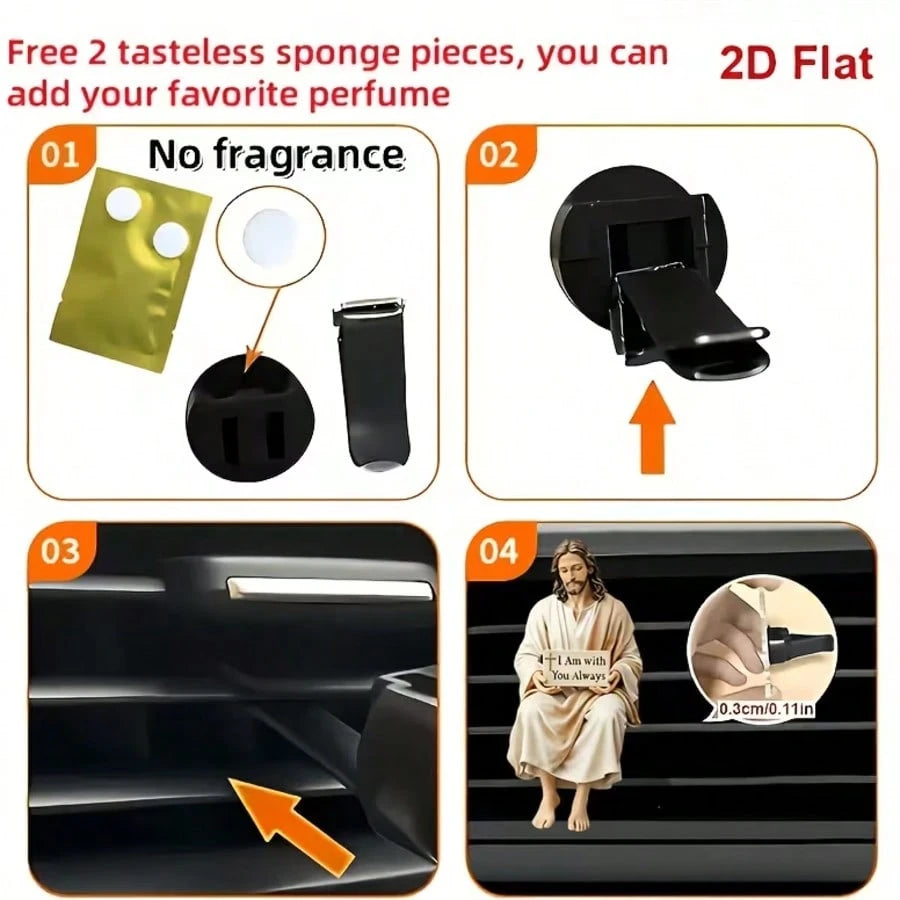 2D Flat Jesus Air Vent Clip Decor, "Fragrance-Free Source", With Double-Layer Odorless Sponge Pad, Acrylic Car Fragrance Diffuser, Can Add Your Own Scent, Car Accessories