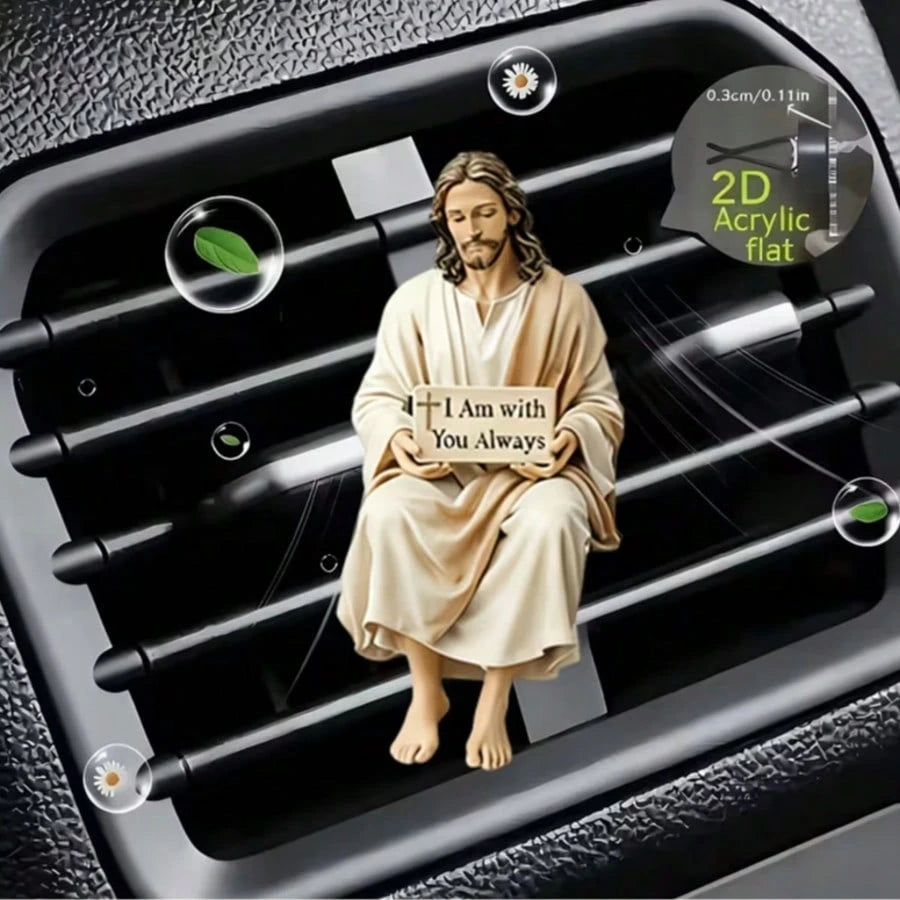 2D Flat Jesus Air Vent Clip Decor, "Fragrance-Free Source", With Double-Layer Odorless Sponge Pad, Acrylic Car Fragrance Diffuser, Can Add Your Own Scent, Car Accessories