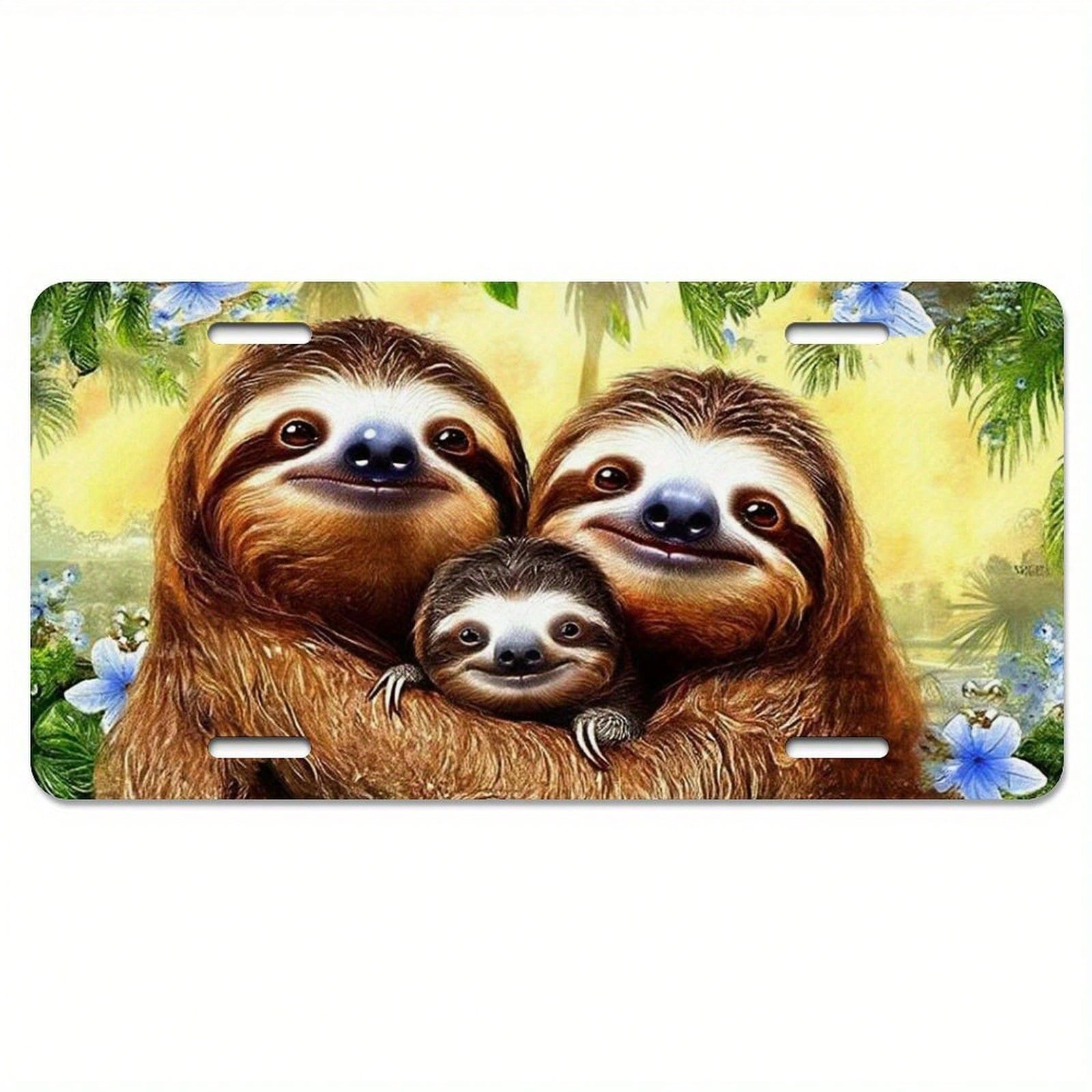 2D Flat Print, 1 Piece, Cute Sloth Family License Plate, Aluminum License Plate Decoration, With 4-Hole Metal Front Cover, Suitable For Car Decoration Labels, Durable Metal Decorative Sticker, Easy To