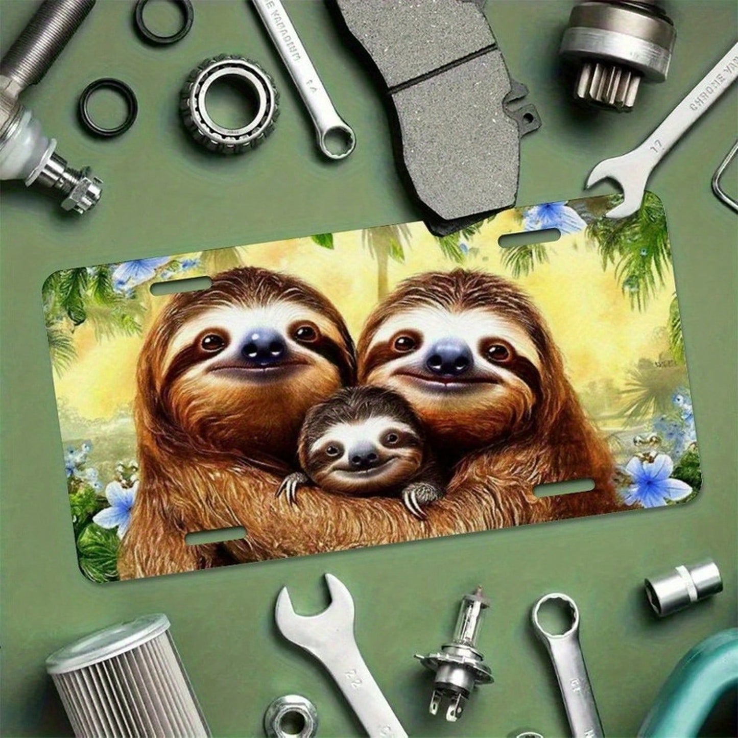 2D Flat Print, 1 Piece, Cute Sloth Family License Plate, Aluminum License Plate Decoration, With 4-Hole Metal Front Cover, Suitable For Car Decoration Labels, Durable Metal Decorative Sticker, Easy To