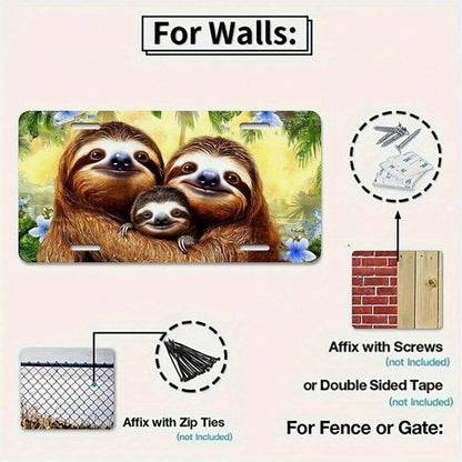 2D Flat Print, 1 Piece, Cute Sloth Family License Plate, Aluminum License Plate Decoration, With 4-Hole Metal Front Cover, Suitable For Car Decoration Labels, Durable Metal Decorative Sticker, Easy To