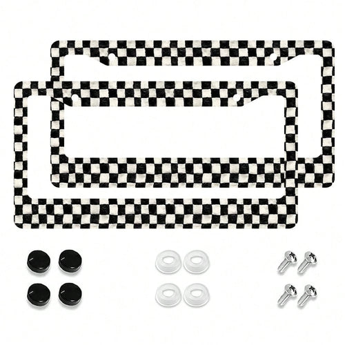 2pc Black White Checkered Pattern 2 Hole License Plate Frame Aluminum Material 6x12 Inches With Screw Set Retro Novelty Car Decoration Standard US License Plate Size