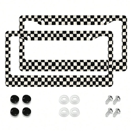 2pc Black White Checkered Pattern 2 Hole License Plate Frame Aluminum Material 6x12 Inches With Screw Set Retro Novelty Car Decoration Standard US License Plate Size