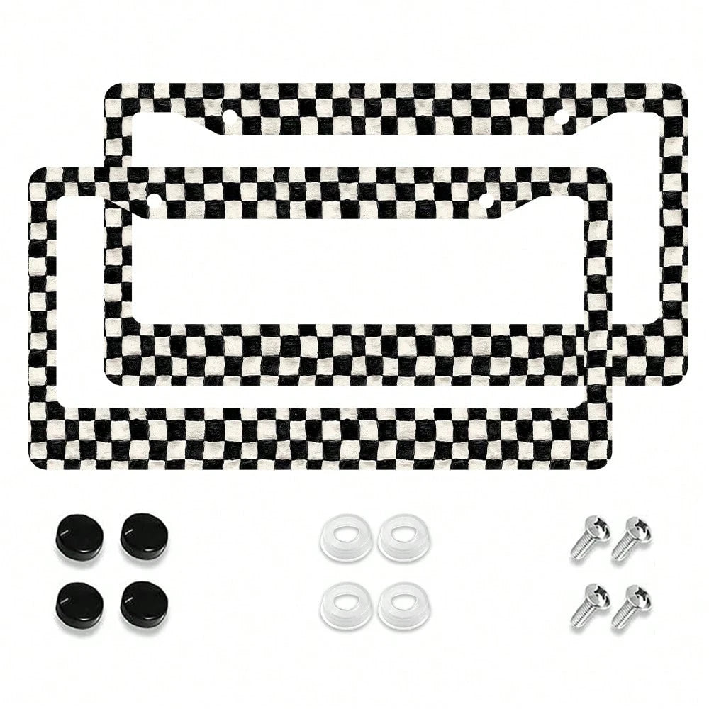 2pc Black White Checkered Pattern 2 Hole License Plate Frame Aluminum Material 6x12 Inches With Screw Set Retro Novelty Car Decoration Standard US License Plate Size