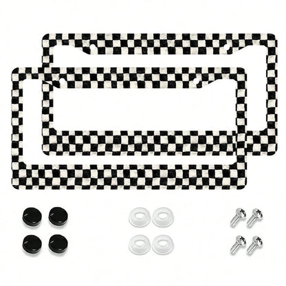 2pc Black White Checkered Pattern 2 Hole License Plate Frame Aluminum Material 6x12 Inches With Screw Set Retro Novelty Car Decoration Standard US License Plate Size