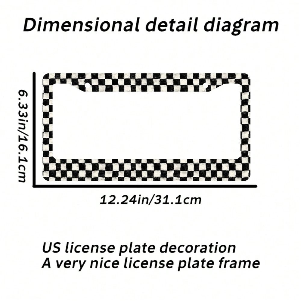 2pc Black White Checkered Pattern 2 Hole License Plate Frame Aluminum Material 6x12 Inches With Screw Set Retro Novelty Car Decoration Standard US License Plate Size