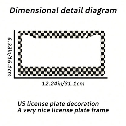 2pc Black White Checkered Pattern 2 Hole License Plate Frame Aluminum Material 6x12 Inches With Screw Set Retro Novelty Car Decoration Standard US License Plate Size