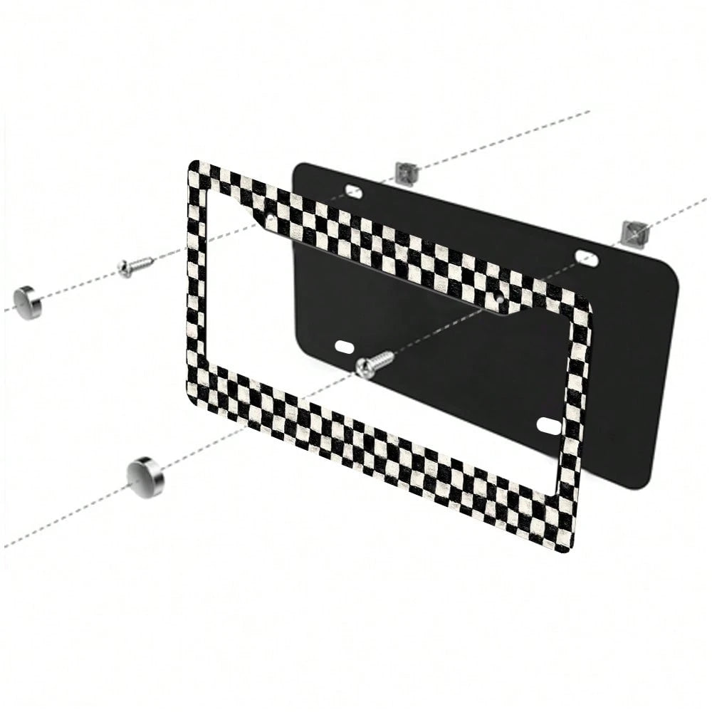 2pc Black White Checkered Pattern 2 Hole License Plate Frame Aluminum Material 6x12 Inches With Screw Set Retro Novelty Car Decoration Standard US License Plate Size