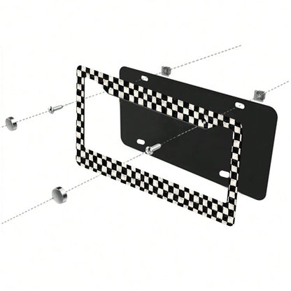 2pc Black White Checkered Pattern 2 Hole License Plate Frame Aluminum Material 6x12 Inches With Screw Set Retro Novelty Car Decoration Standard US License Plate Size