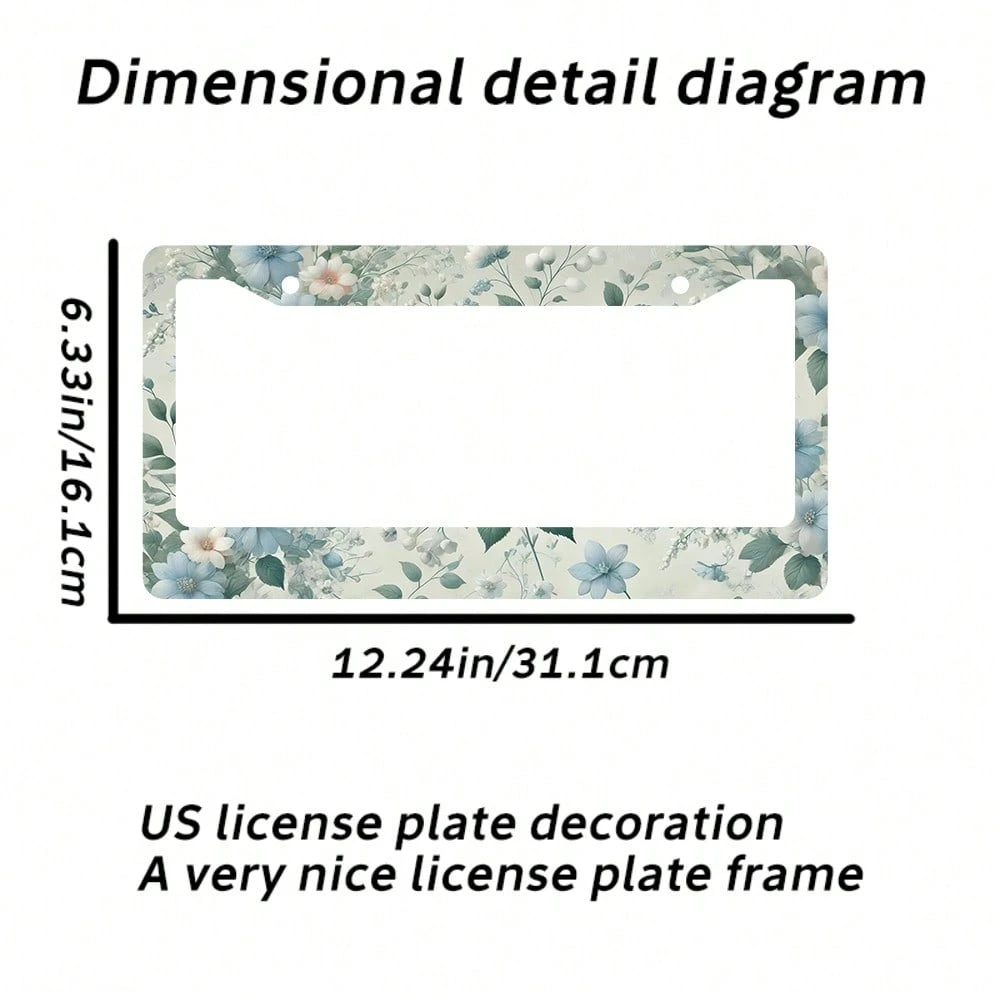 2PC Blue Flower Green Leaf License Plate Frame, Aluminum Rust Proof Car Parts, License Plate Decoration Screws Suitable Standard 2-Hole US License Plate, 12 X 6 Inches