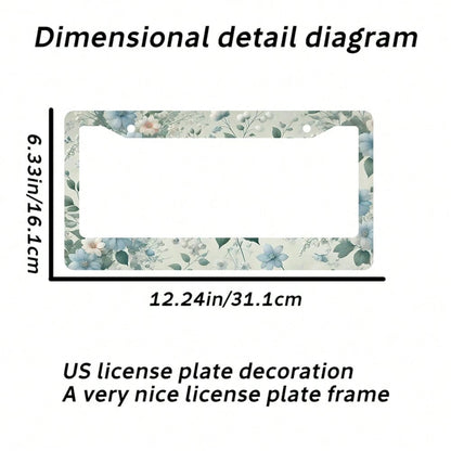 2PC Blue Flower Green Leaf License Plate Frame, Aluminum Rust Proof Car Parts, License Plate Decoration Screws Suitable Standard 2-Hole US License Plate, 12 X 6 Inches