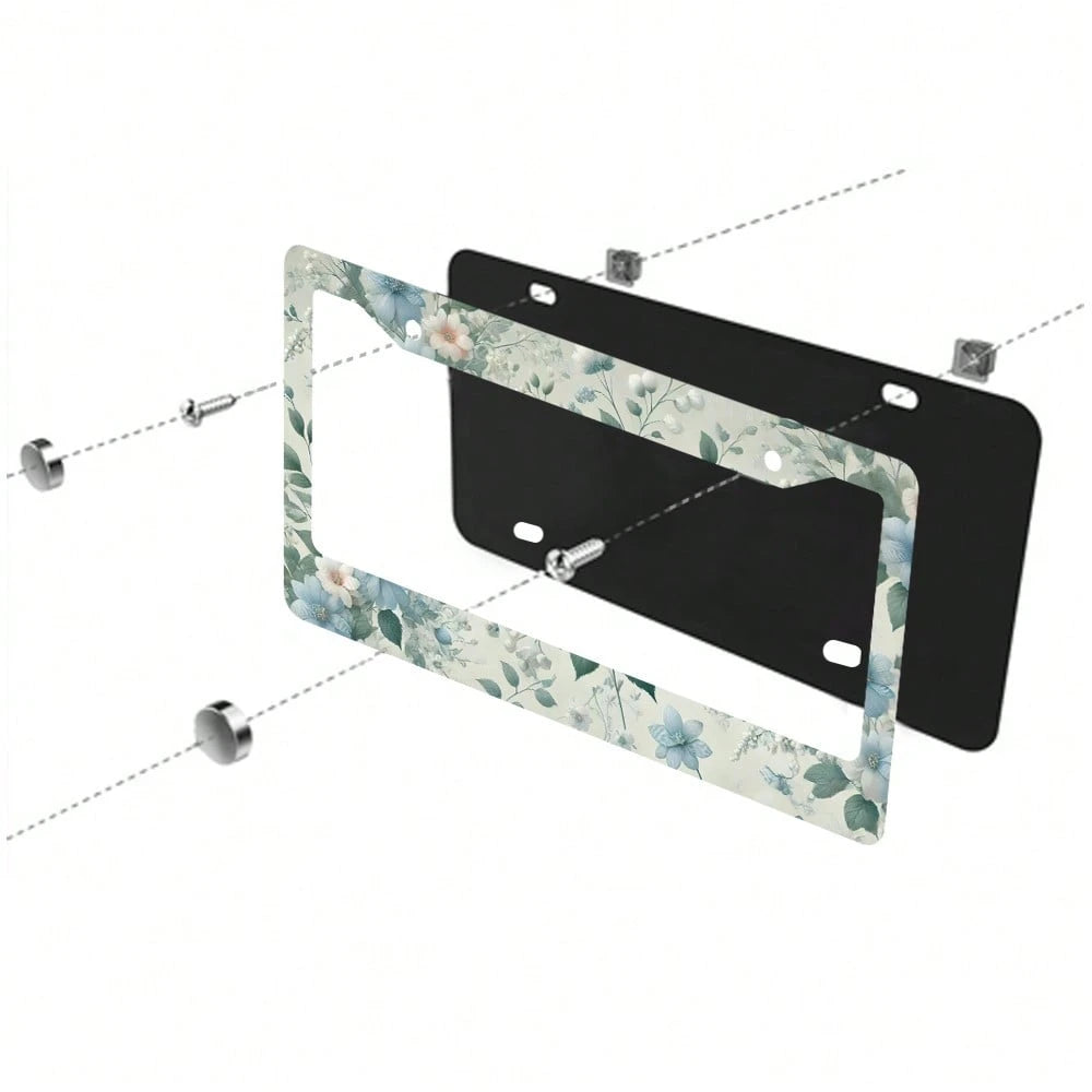 2PC Blue Flower Green Leaf License Plate Frame, Aluminum Rust Proof Car Parts, License Plate Decoration Screws Suitable Standard 2-Hole US License Plate, 12 X 6 Inches