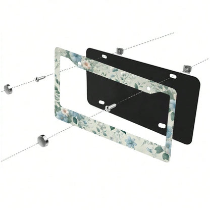 2PC Blue Flower Green Leaf License Plate Frame, Aluminum Rust Proof Car Parts, License Plate Decoration Screws Suitable Standard 2-Hole US License Plate, 12 X 6 Inches