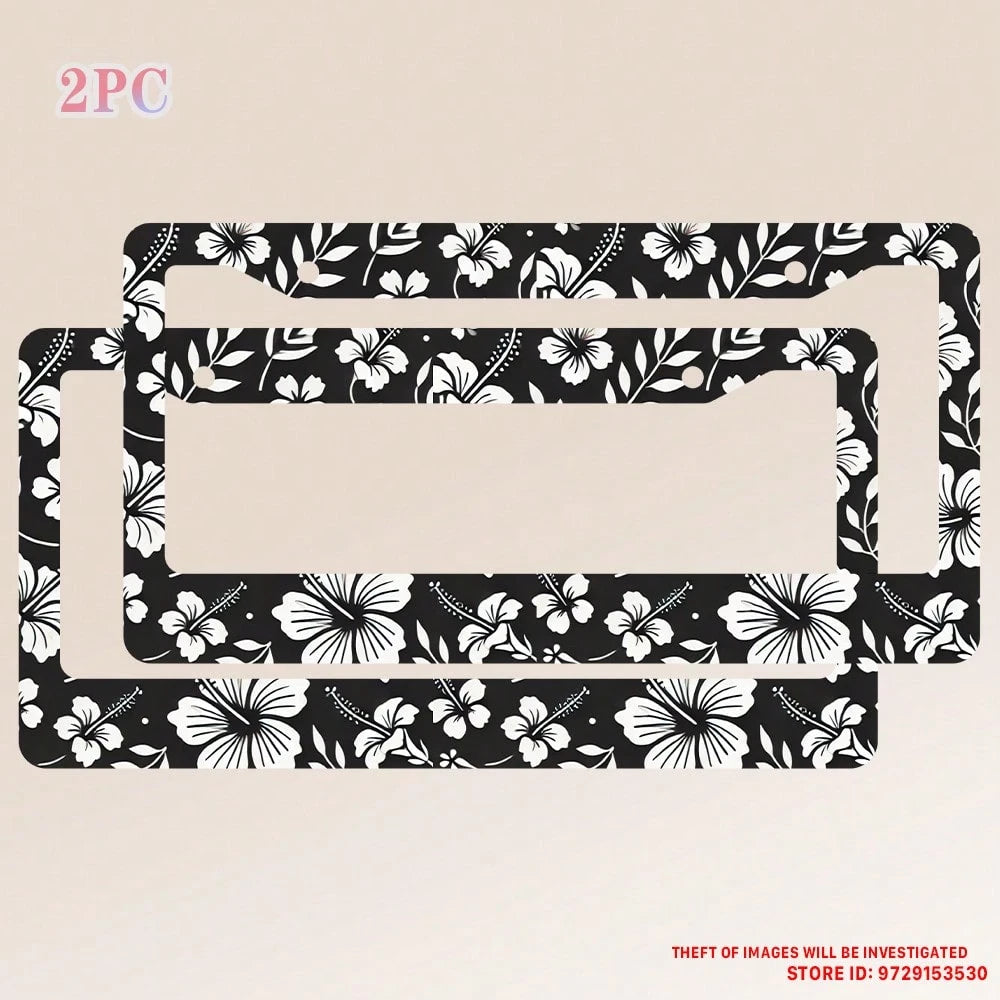 2PC Hibiscus Flower License Plate Frames- Hawiian Tropical Floral Aluminum Metal License Plate Holder Covers,Rust-Proof Waterproof Car Decorative Frames Standard US 12x6 Inch